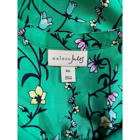 Maison Jules Floral Fit Flare Mini Dress Green Long Blouson Sleeves V-Neck XXL - Picture 4 of 16